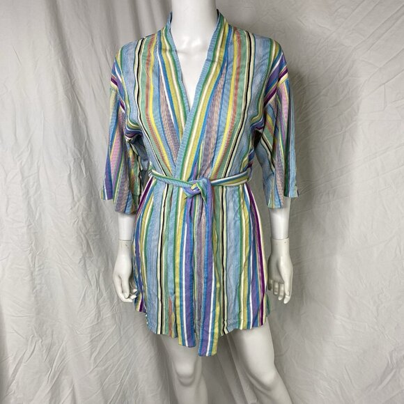 Triacetate Nylon Terry fuzzy textured short Robe striped Cover Up Womens Small - Picture 1 of 16